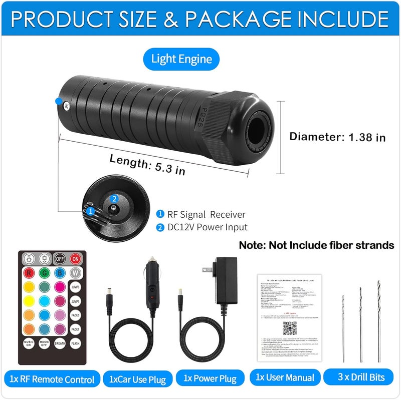 ATOKEE Store 6W Fiber Optic Light Engine for Starlight Headliner, Bluetooth App/RF Remote Control with Music Mode, Car Plug & Power Adapter, PG Connector & 3 Drill Bits - Image 2
